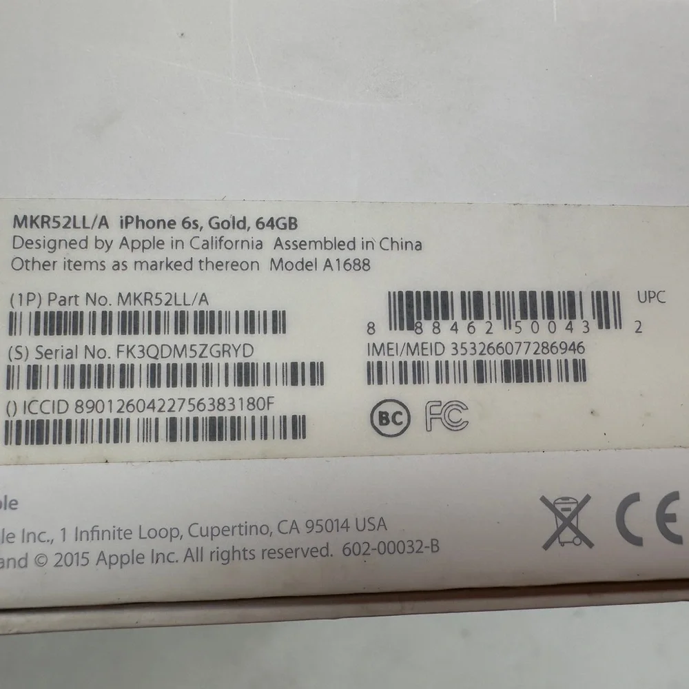 BOX ONLY Apple iPhone 6s - Gold 64Gb w/papers and stickers inside